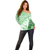 Hawaiian Tapa Off Shoulder Sweater Traditional Vintage Pattern Green LT05 - Polynesian Pride