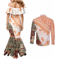 Hawaiian Tapa Couples Matching Mermaid Dress and Long Sleeve Button Shirt Traditional Vintage Pattern Orange LT05 - Polynesian Pride