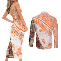 Hawaiian Tapa Couples Matching Short Sleeve Bodycon Dress and Long Sleeve Button Shirt Traditional Vintage Pattern Orange LT05 - Polynesian Pride