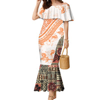 Hawaiian Tapa Family Matching Mermaid Dress and Hawaiian Shirt Traditional Vintage Pattern Orange LT05 Mom's Dress Orange - Polynesian Pride