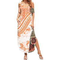 Hawaiian Tapa Family Matching Summer Maxi Dress and Hawaiian Shirt Traditional Vintage Pattern Orange LT05 Mom's Dress Orange - Polynesian Pride