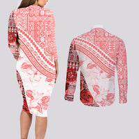 Hawaiian Tapa Couples Matching Long Sleeve Bodycon Dress and Long Sleeve Button Shirt Traditional Vintage Pattern Red LT05 - Polynesian Pride