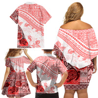 Hawaiian Tapa Family Matching Off Shoulder Short Dress and Hawaiian Shirt Traditional Vintage Pattern Red LT05 - Polynesian Pride