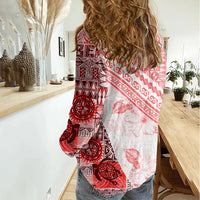 Hawaiian Tapa Women Casual Shirt Traditional Vintage Pattern Red LT05 - Polynesian Pride