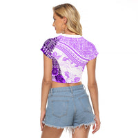 Hawaiian Tapa Raglan Cropped T Shirt Traditional Vintage Pattern Violet LT05 - Polynesian Pride