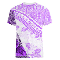 Hawaiian Tapa Women V Neck T Shirt Traditional Vintage Pattern Violet LT05 - Polynesian Pride