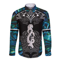 New Zealand Aotearoa Long Sleeve Button Shirt Maori Taniwha Paua Shell LT05 Unisex Black - Polynesian Pride