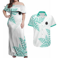 Custom New Zealand Football Couples Matching Off Shoulder Maxi Dress and Hawaiian Shirt Aotearoa Pride Aqua Version - Polynesian Pride