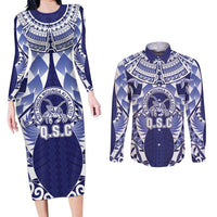 Personalised Tonga Queen Salote College Couples Matching Long Sleeve Bodycon Dress and Long Sleeve Button Shirt Centenary Navy Version LT05 Navy - Polynesian Pride