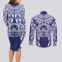 Personalised Tonga Queen Salote College Couples Matching Long Sleeve Bodycon Dress and Long Sleeve Button Shirt Centenary Navy Version LT05 - Polynesian Pride