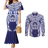 Personalised Tonga Queen Salote College Couples Matching Mermaid Dress and Long Sleeve Button Shirt Centenary Navy Version LT05 Navy - Polynesian Pride