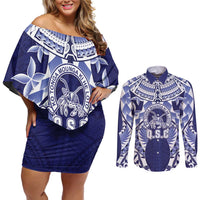 Personalised Tonga Queen Salote College Couples Matching Off Shoulder Short Dress and Long Sleeve Button Shirt Centenary Navy Version LT05 Navy - Polynesian Pride