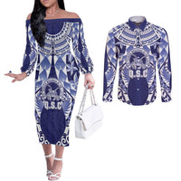 Personalised Tonga Queen Salote College Couples Matching Off The Shoulder Long Sleeve Dress and Long Sleeve Button Shirt Centenary Navy Version LT05 Navy - Polynesian Pride