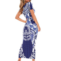 Personalised Tonga Queen Salote College Family Matching Short Sleeve Bodycon Dress and Hawaiian Shirt Centenary Navy Version