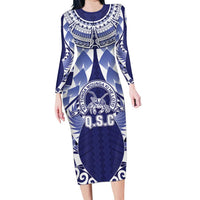 Personalised Tonga Queen Salote College Long Sleeve Bodycon Dress Centenary Navy Version LT05 Long Dress Navy - Polynesian Pride
