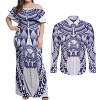 Personalised Tonga Queen Salote College Couples Matching Off Shoulder Maxi Dress and Long Sleeve Button Shirt Centenary White Version LT05 White - Polynesian Pride
