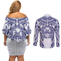 Personalised Tonga Queen Salote College Couples Matching Off Shoulder Short Dress and Long Sleeve Button Shirt Centenary White Version LT05 - Polynesian Pride