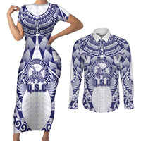 Personalised Tonga Queen Salote College Couples Matching Short Sleeve Bodycon Dress and Long Sleeve Button Shirt Centenary White Version LT05 White - Polynesian Pride