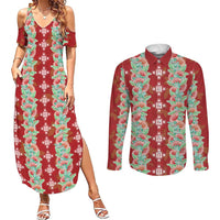 Hawaii Ohia Lehua Couples Matching Summer Maxi Dress and Long Sleeve Button Shirt Tropical Vibes Crimson LT05 Crimson - Polynesian Pride