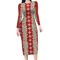 Hawaii Ohia Lehua Long Sleeve Bodycon Dress Tropical Vibes Crimson LT05 Long Dress Crimson - Polynesian Pride
