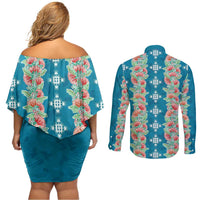 Hawaii Ohia Lehua Couples Matching Off Shoulder Short Dress and Long Sleeve Button Shirt Tropical Vibes Teal