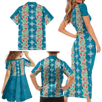 Hawaii Ohia Lehua Family Matching Short Sleeve Bodycon Dress and Hawaiian Shirt Tropical Vibes Teal