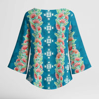 Hawaii Ohia Lehua Kimono Sleeve Blouse Tropical Vibes Teal LT05 - Polynesian Pride