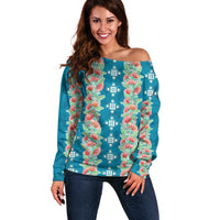 Hawaii Ohia Lehua Off Shoulder Sweater Tropical Vibes Teal LT05 Women Teal - Polynesian Pride