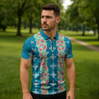 Hawaii Ohia Lehua Zipper Polo Shirt Tropical Vibes Teal LT05 - Polynesian Pride