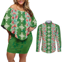 Hawaii Ohia Lehua Couples Matching Off Shoulder Short Dress and Long Sleeve Button Shirt Tropical Vibes Green