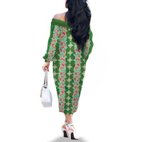 Hawaii Ohia Lehua Family Matching Off The Shoulder Long Sleeve Dress and Hawaiian Shirt Tropical Vibes Green