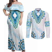 Africa Dashiki Couples Matching Off Shoulder Maxi Dress and Long Sleeve Button Shirt With Polynesian Pattern Blue Version LT05 Blue - Polynesian Pride