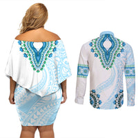 Africa Dashiki Couples Matching Off Shoulder Short Dress and Long Sleeve Button Shirt With Polynesian Pattern Blue Version LT05 - Polynesian Pride