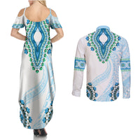 Africa Dashiki Couples Matching Summer Maxi Dress and Long Sleeve Button Shirt With Polynesian Pattern Blue Version LT05 - Polynesian Pride