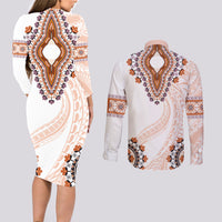 Africa Dashiki Couples Matching Long Sleeve Bodycon Dress and Long Sleeve Button Shirt With Polynesian Pattern Beige Version LT05 - Polynesian Pride