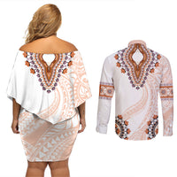 Africa Dashiki Couples Matching Off Shoulder Short Dress and Long Sleeve Button Shirt With Polynesian Pattern Beige Version LT05 - Polynesian Pride