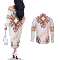 Africa Dashiki Couples Matching Off The Shoulder Long Sleeve Dress and Long Sleeve Button Shirt With Polynesian Pattern Beige Version LT05 - Polynesian Pride