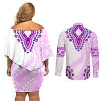 Africa Dashiki Couples Matching Off Shoulder Short Dress and Long Sleeve Button Shirt With Polynesian Pattern Pink Version LT05 - Polynesian Pride