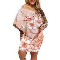 Tonga Ngatu Pattern With Light Tabasco Hibiscus Off Shoulder Short Dress Oil Painting Style LT05 Women Light Tabasco - Polynesian Pride