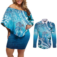Polynesia World Ocean Day Couples Matching Off Shoulder Short Dress and Long Sleeve Button Shirt Ocean Style LT05 Blue - Polynesian Pride