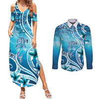 Polynesia World Ocean Day Couples Matching Summer Maxi Dress and Long Sleeve Button Shirt Ocean Style LT05 Blue - Polynesian Pride