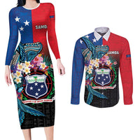 Samoa Couples Matching Long Sleeve Bodycon Dress and Long Sleeve Button Shirt Humpback Whale Siapo Pattern LT05 Blue - Polynesian Pride