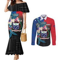 Samoa Couples Matching Mermaid Dress and Long Sleeve Button Shirt Humpback Whale Siapo Pattern LT05 Blue - Polynesian Pride