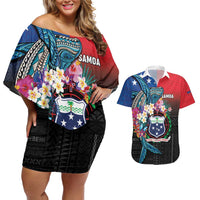 Samoa Couples Matching Off Shoulder Short Dress and Hawaiian Shirt Humpback Whale Siapo Pattern LT05 Blue - Polynesian Pride