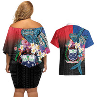 Samoa Couples Matching Off Shoulder Short Dress and Hawaiian Shirt Humpback Whale Siapo Pattern LT05 - Polynesian Pride