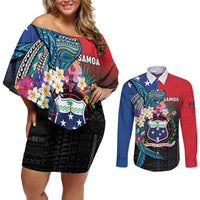 Samoa Couples Matching Off Shoulder Short Dress and Long Sleeve Button Shirt Humpback Whale Siapo Pattern LT05 Blue - Polynesian Pride