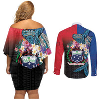 Samoa Couples Matching Off Shoulder Short Dress and Long Sleeve Button Shirt Humpback Whale Siapo Pattern LT05 - Polynesian Pride