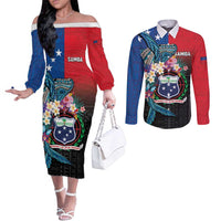 Samoa Couples Matching Off The Shoulder Long Sleeve Dress and Long Sleeve Button Shirt Humpback Whale Siapo Pattern LT05 Blue - Polynesian Pride