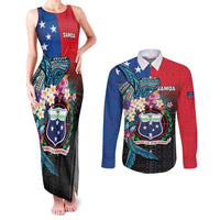 Samoa Couples Matching Tank Maxi Dress and Long Sleeve Button Shirt Humpback Whale Siapo Pattern LT05 Blue - Polynesian Pride