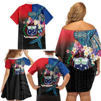 Samoa Family Matching Off Shoulder Short Dress and Hawaiian Shirt Humpback Whale Siapo Pattern